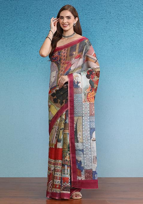 Multicolor Abstract Digital Print Silk Cotton Saree Set