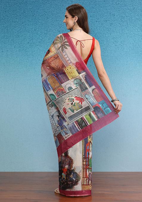 Multicolor Abstract Digital Print Silk Cotton Saree Set