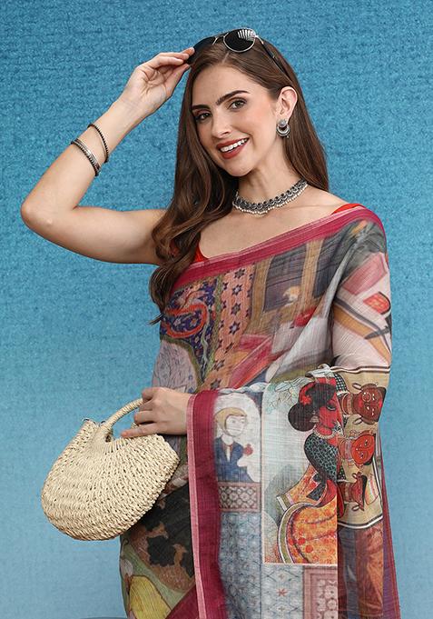 Multicolor Abstract Digital Print Silk Cotton Saree Set