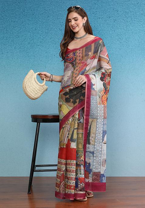 Multicolor Abstract Digital Print Silk Cotton Saree Set