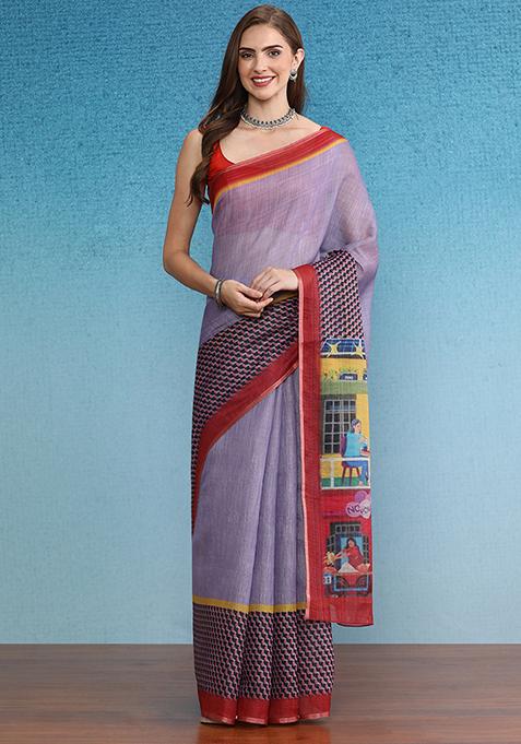 Lavender Abstract Digital Print Silk Cotton Saree Set