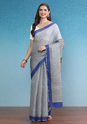 Grey Abstract Digital Print Silk Cotton Saree Set