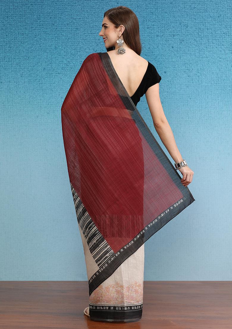 Maroon Abstract Digital Print Silk Cotton Saree Set