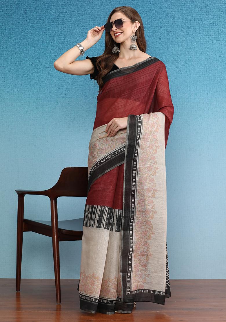 Maroon Abstract Digital Print Silk Cotton Saree Set