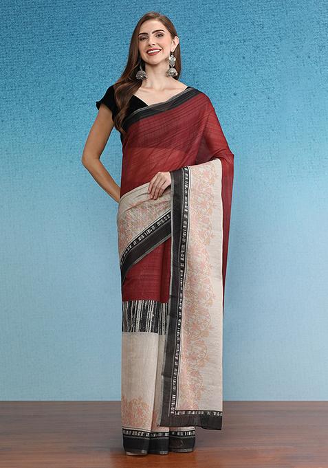 Maroon Abstract Digital Print Silk Cotton Saree Set