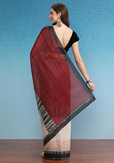 Maroon Abstract Digital Print Silk Cotton Saree Set