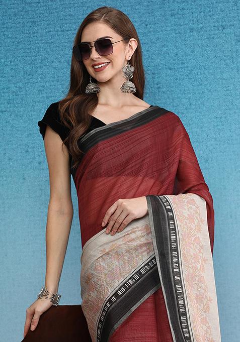 Maroon Abstract Digital Print Silk Cotton Saree Set
