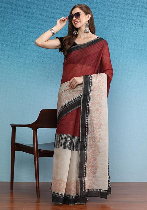 Maroon Abstract Digital Print Silk Cotton Saree Set