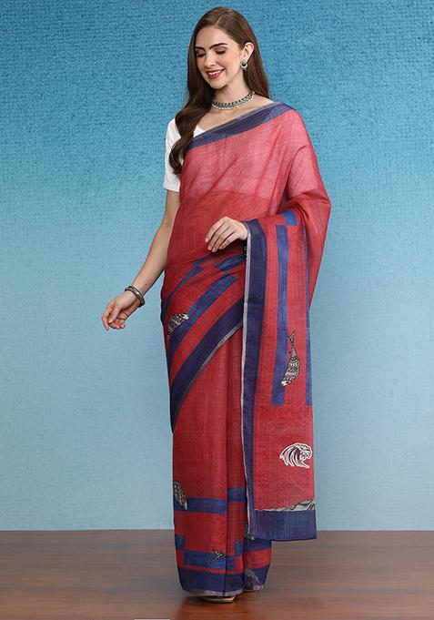 Red Abstract Digital Print Silk Cotton Saree Set