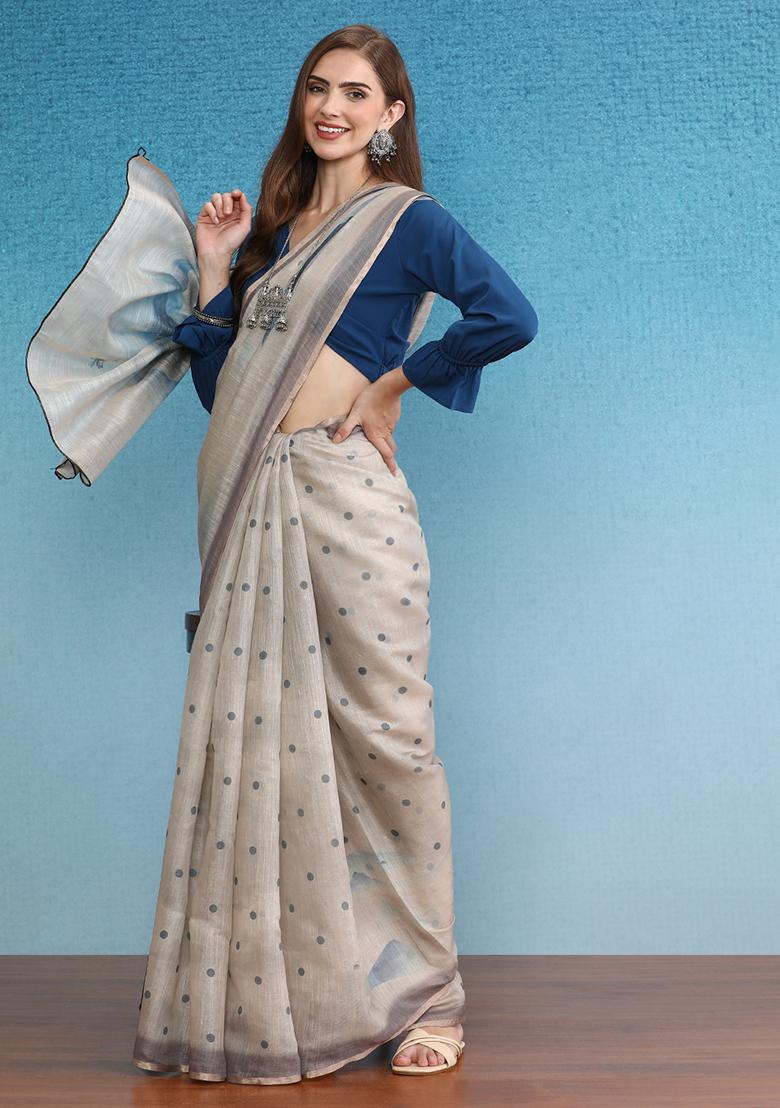 Beige Abstract Digital Print Silk Cotton Saree Set