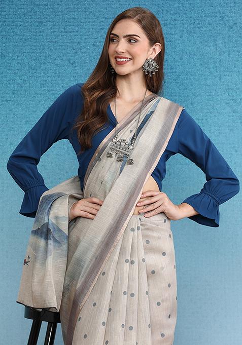 Beige Abstract Digital Print Silk Cotton Saree Set