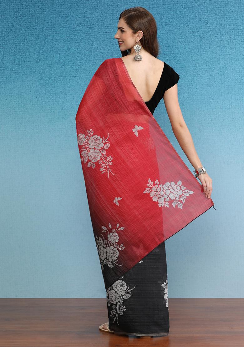 Black Abstract Digital Print Silk Cotton Saree Set - Indya