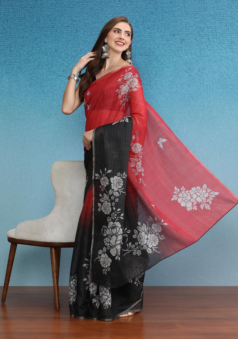 Black Abstract Digital Print Silk Cotton Saree Set - Indya