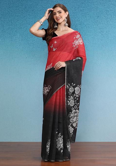 Black Abstract Digital Print Silk Cotton Saree Set