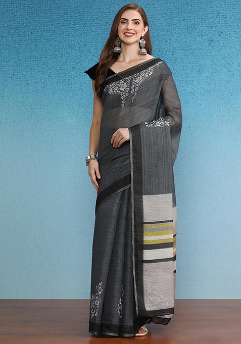 Grey Abstract Digital Print Zari Embroidered Silk Cotton Saree Set