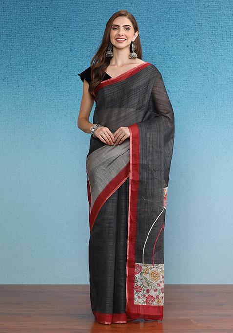 Grey Floral Digital Print Silk Cotton Saree Set