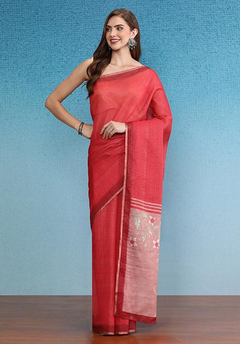 Red Floral Digital Print Silk Cotton Saree Set