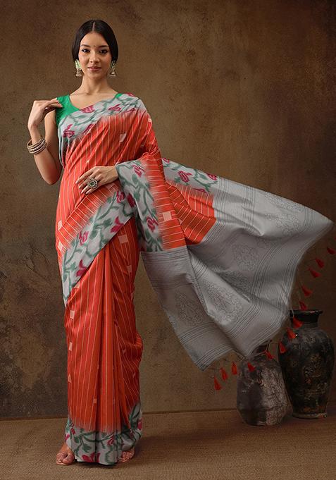 Orange Floral Digital Print Soft Silk Saree Set