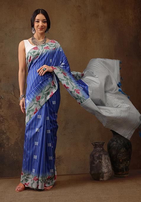 Blue Floral Digital Print Tassel Soft Silk Saree Set