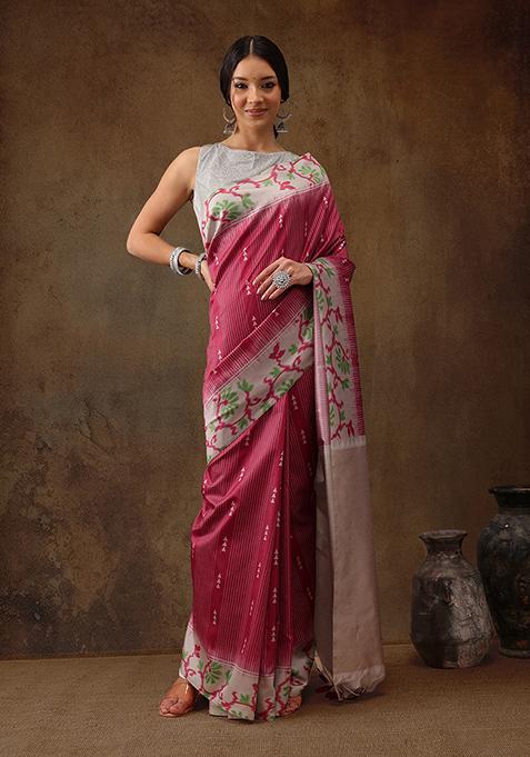 Maroon Digital Print Tassel Soft Silk Saree Set