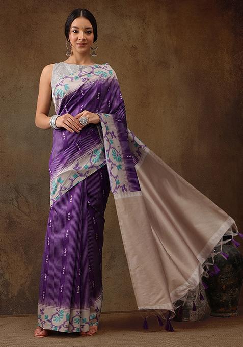 Purple Digital Print Tassel Soft Silk Saree Set