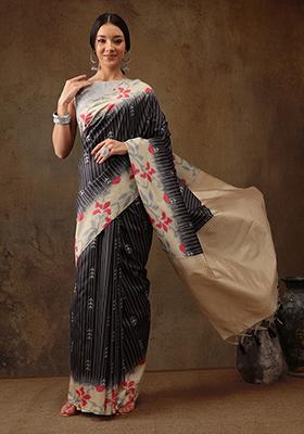 Black Digital Print Tassel Soft Silk Saree Set