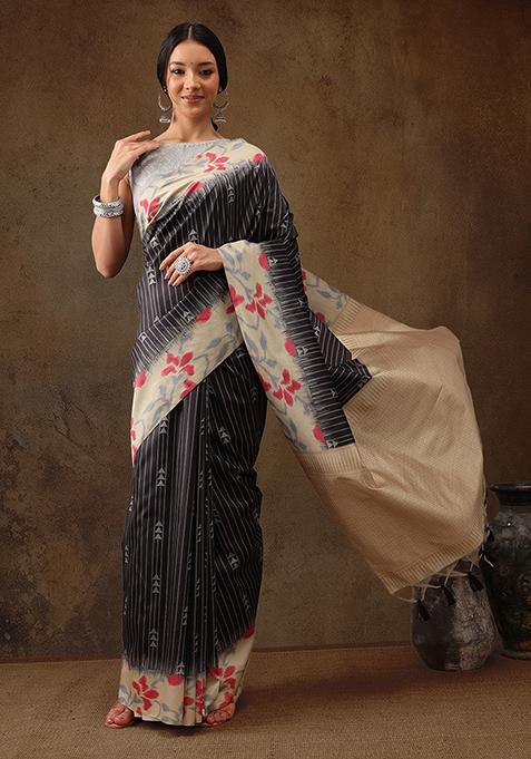 Black Digital Print Tassel Soft Silk Saree Set