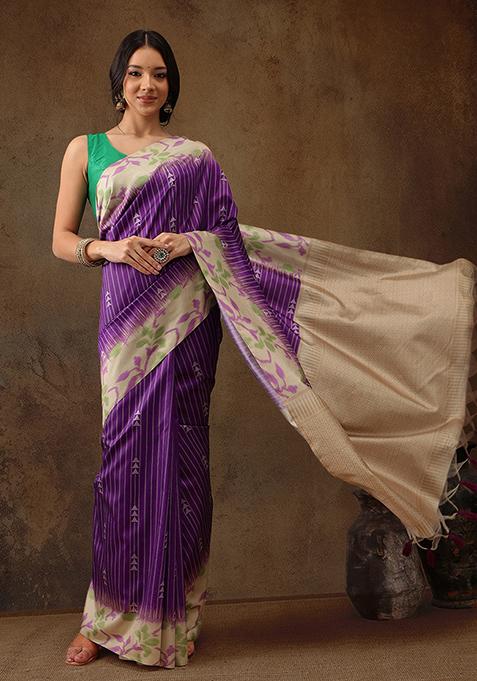 Purple Digital Print Tassel Soft Silk Saree Set