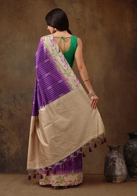 Women Purple Silk Blend Digital Print Saree With Unstitched Blouse