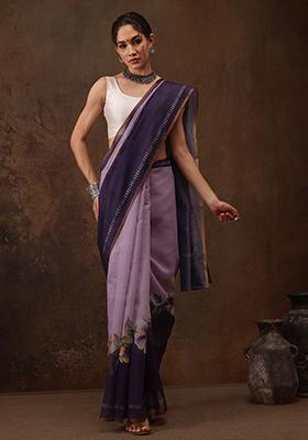 Lavender Digital Print Cotton Blend Saree Set