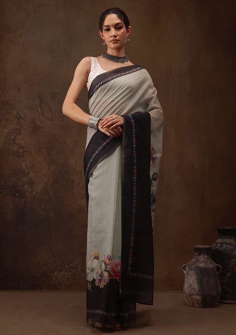 Grey Solid Digital Print Cotton Blend Saree Set - Indya