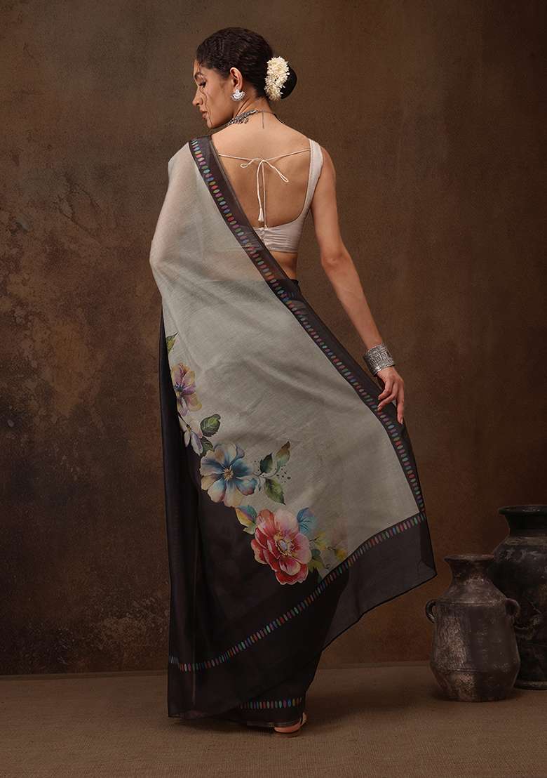 Grey Solid Digital Print Cotton Blend Saree Set - Indya
