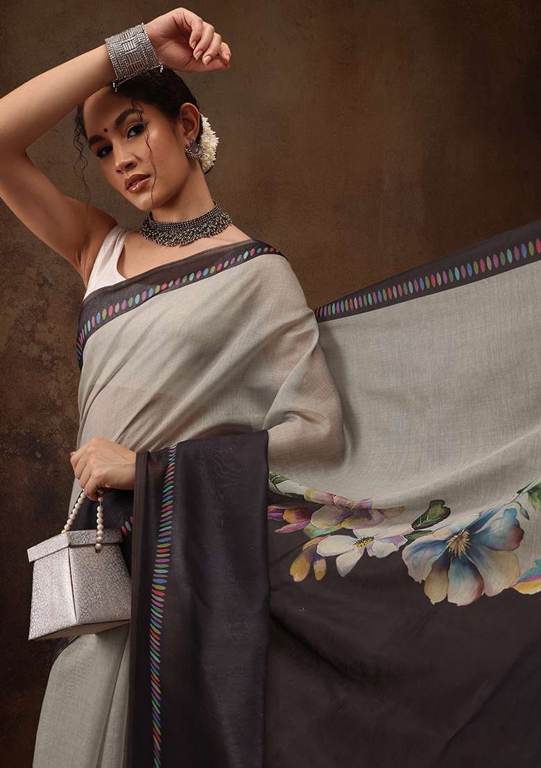 Grey Solid Digital Print Cotton Blend Saree Set - Indya