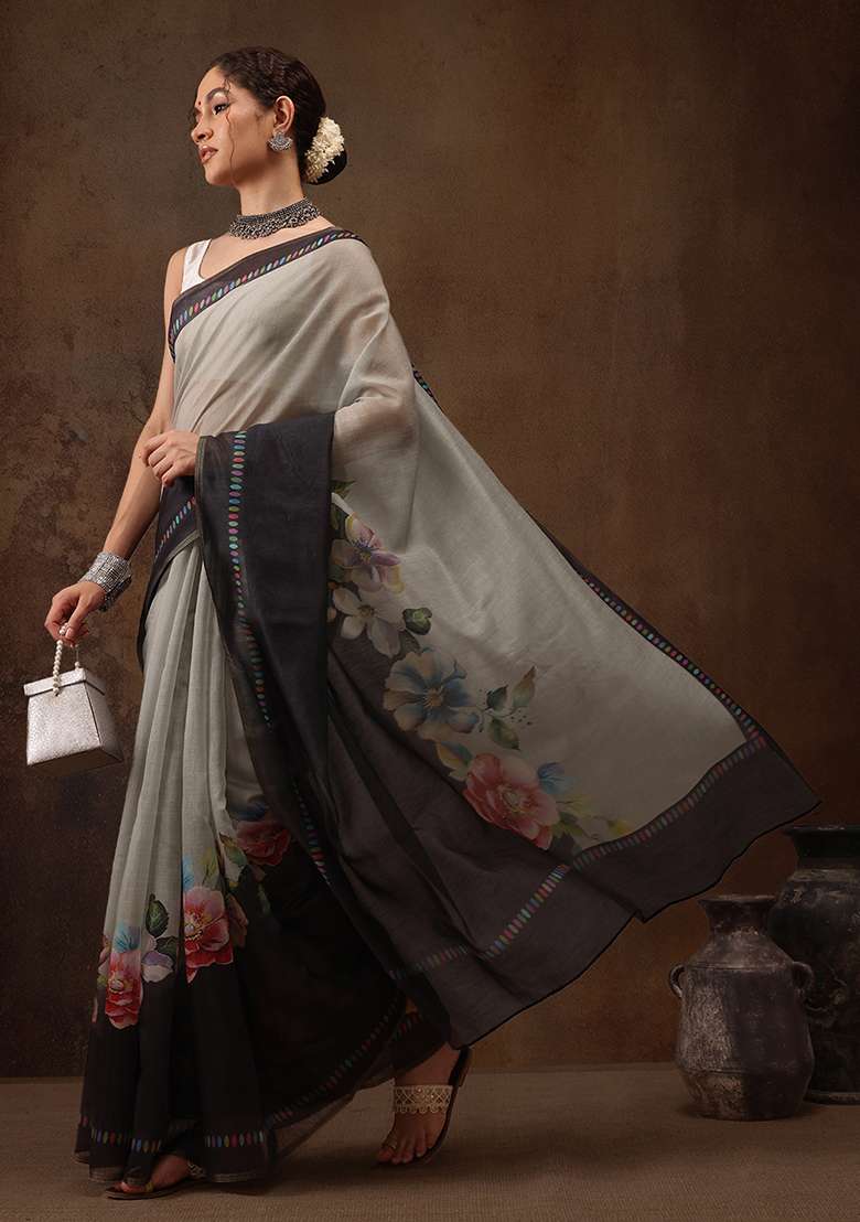 Grey Solid Digital Print Cotton Blend Saree Set - Indya