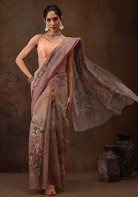 Beige Digital Print Cotton Blend Saree Set
