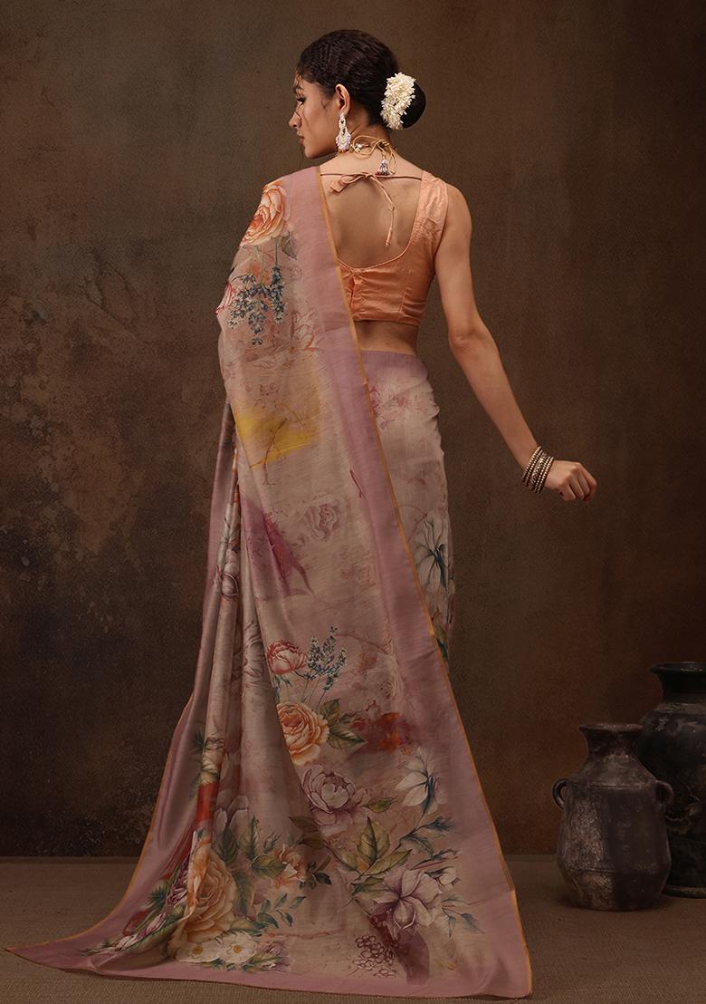 Beige Digital Print Cotton Blend Saree Set - Indya