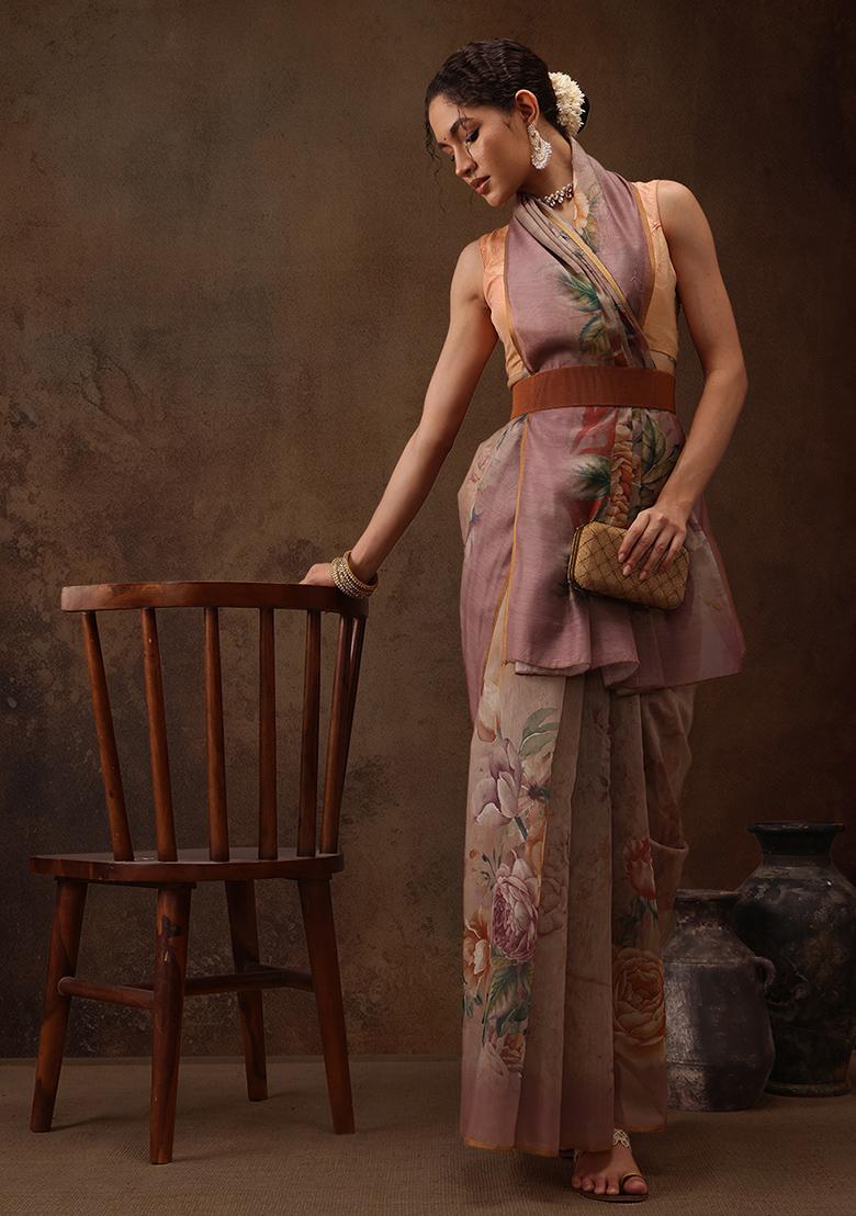 Beige Digital Print Cotton Blend Saree Set - Indya