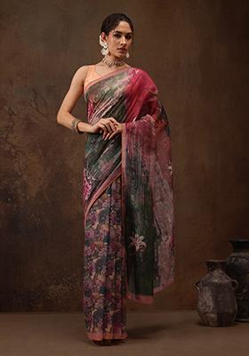 Multicolor Digital Print Soft Silk Saree Set