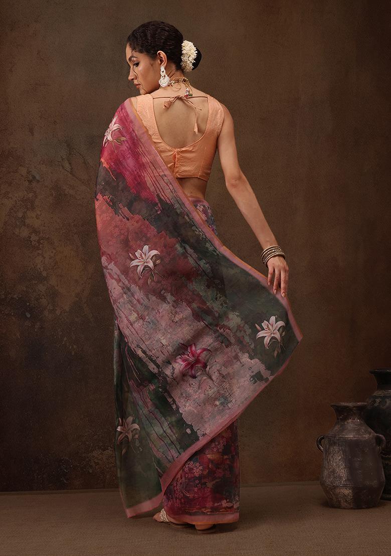 Multicolor Digital Print Soft Silk Saree Set
