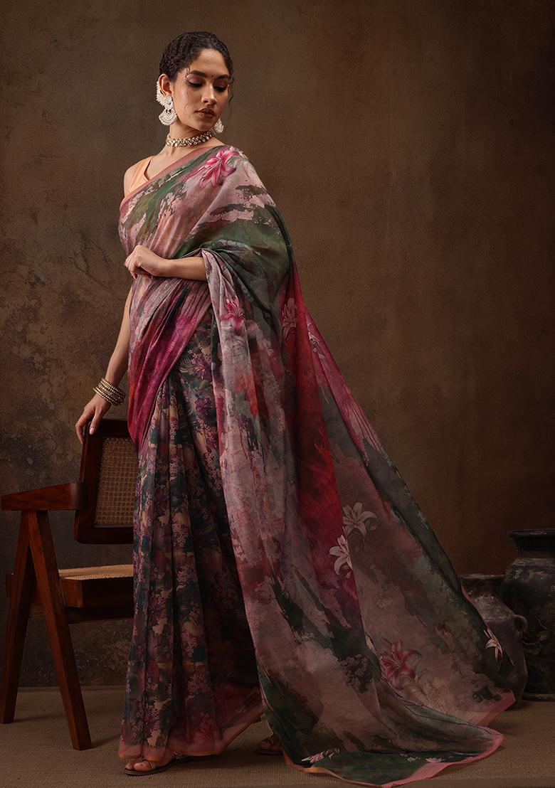 Multicolor Digital Print Soft Silk Saree Set
