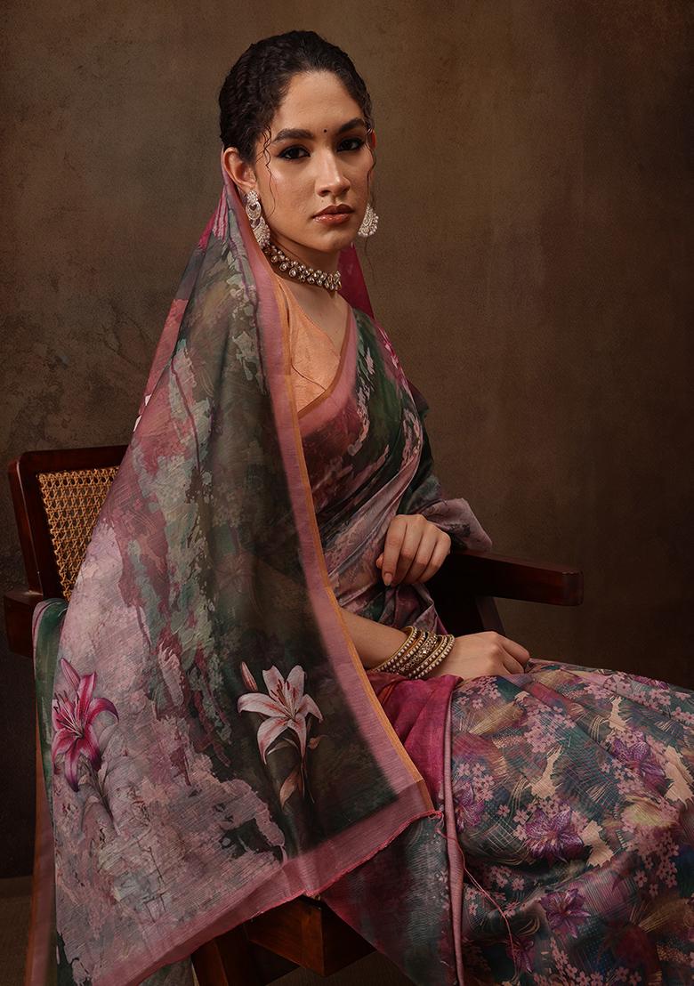 Multicolor Digital Print Soft Silk Saree Set - Indya