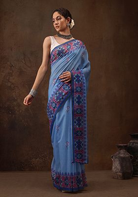 Sky Blue Digital Print Cotton Blend Saree Set