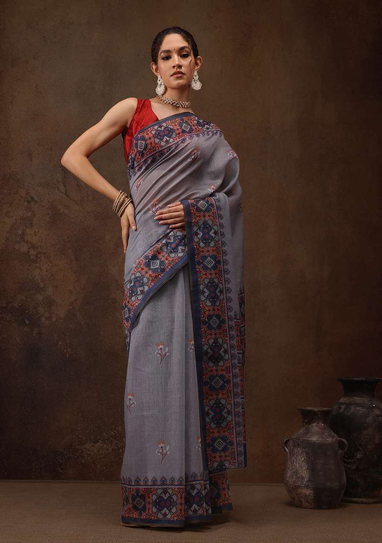 Grey Printed Cotton Blend Saree Set - Indya