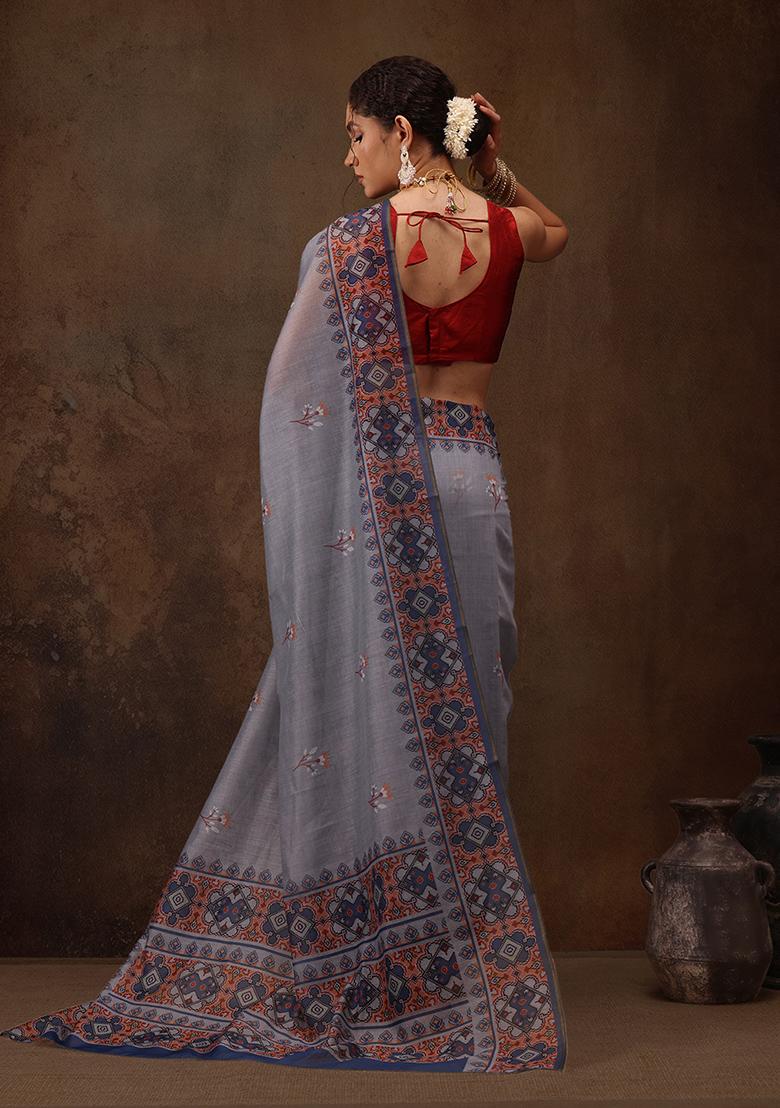 Grey Printed Cotton Blend Saree Set