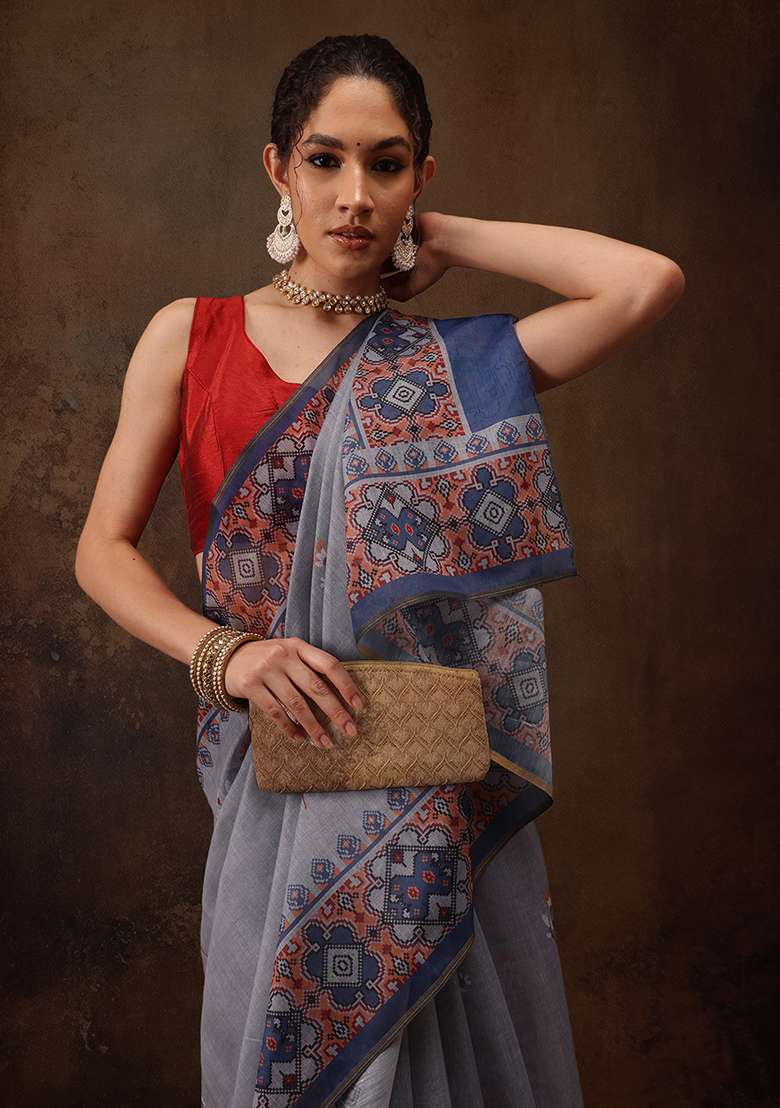 Grey Printed Cotton Blend Saree Set - Indya