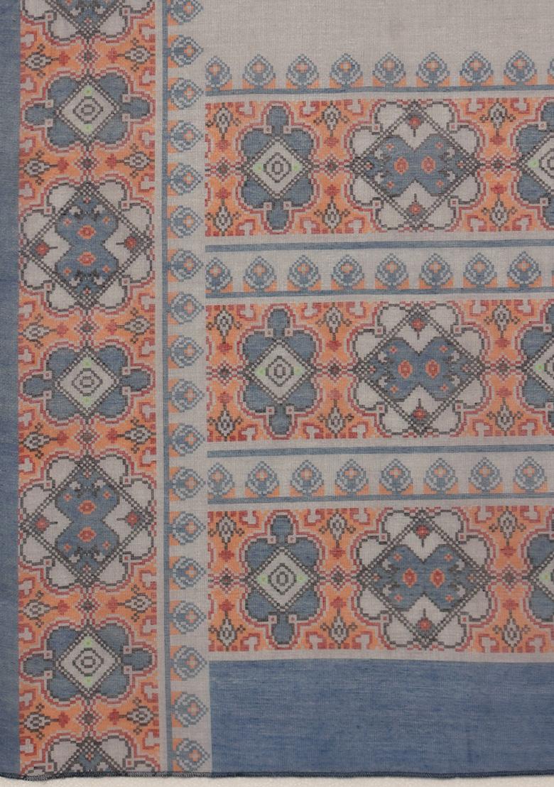 Grey Printed Cotton Blend Saree Set