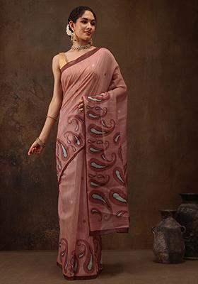 Peach Digital Print Cotton Blend Saree Set