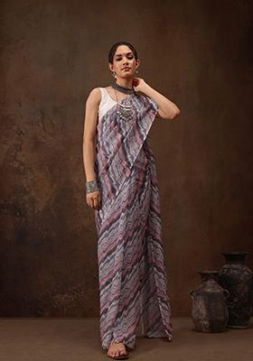 Grey Abstract Digital Print Cotton Blend Saree Set