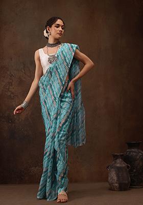 Turquoise Abstract Digital Print Cotton Blend Saree Set