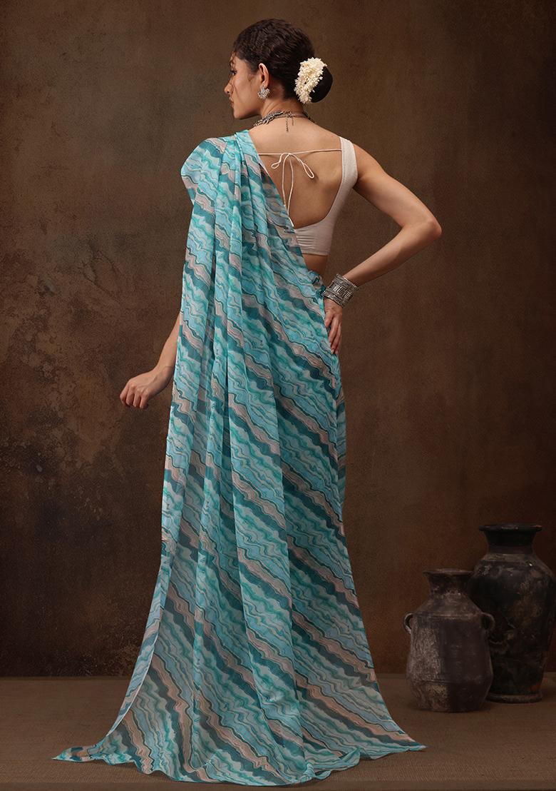 Turquoise Abstract Digital Print Cotton Blend Saree Set